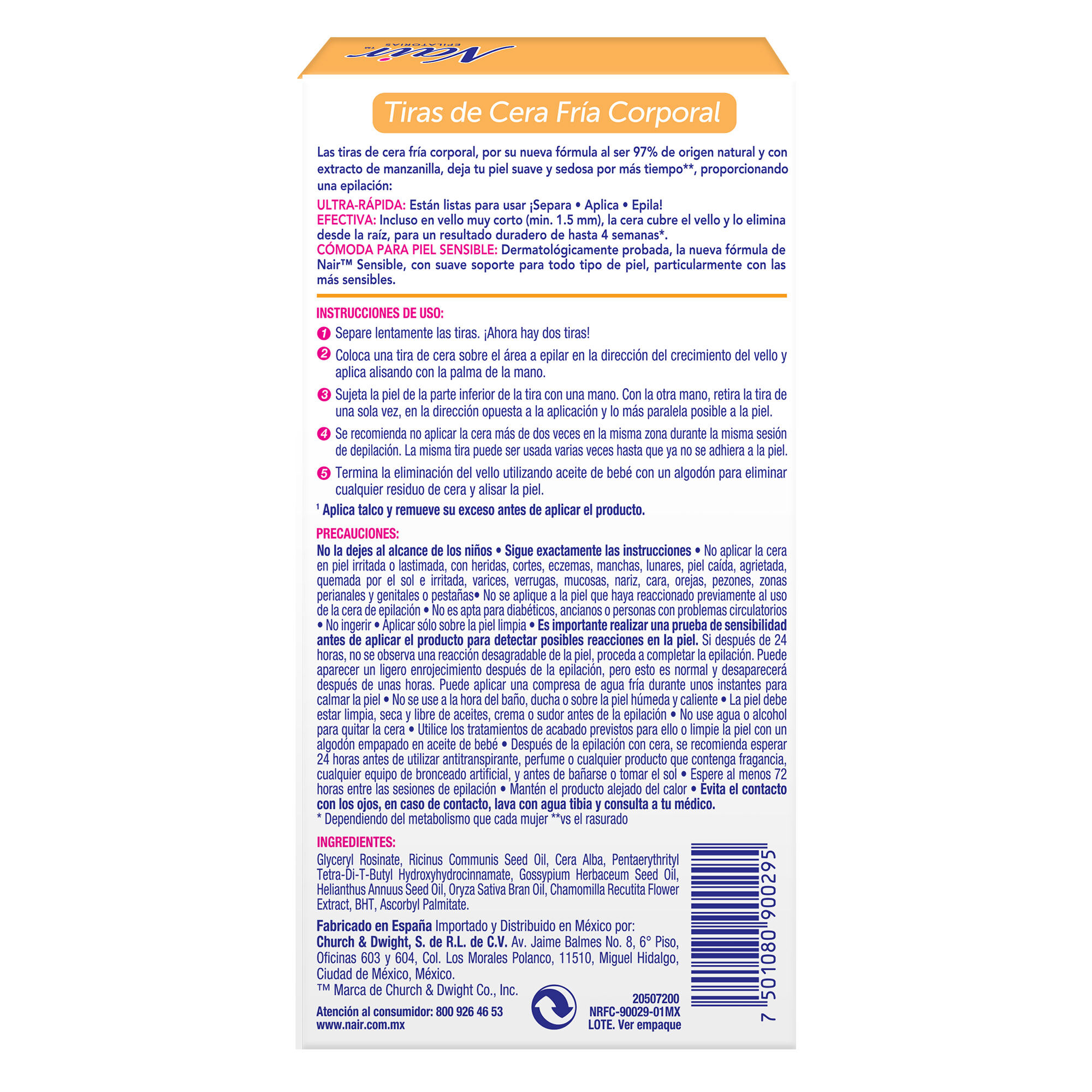 Tiras De Cera Fria Corporal Piel Sensible Nair 20.0 Pz