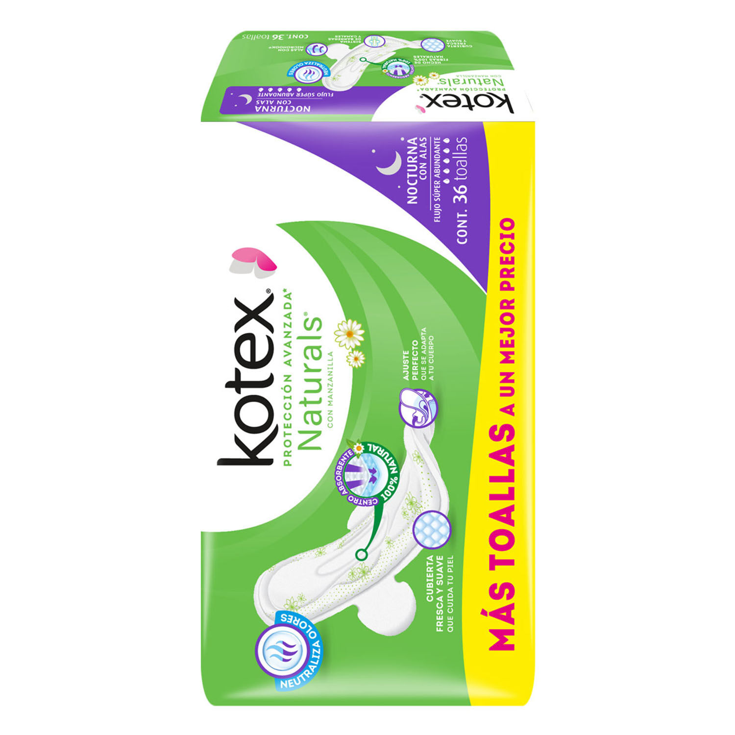Toallas Femeninas Nocturnas C/ Alas 36pza Kotex 1 Pza