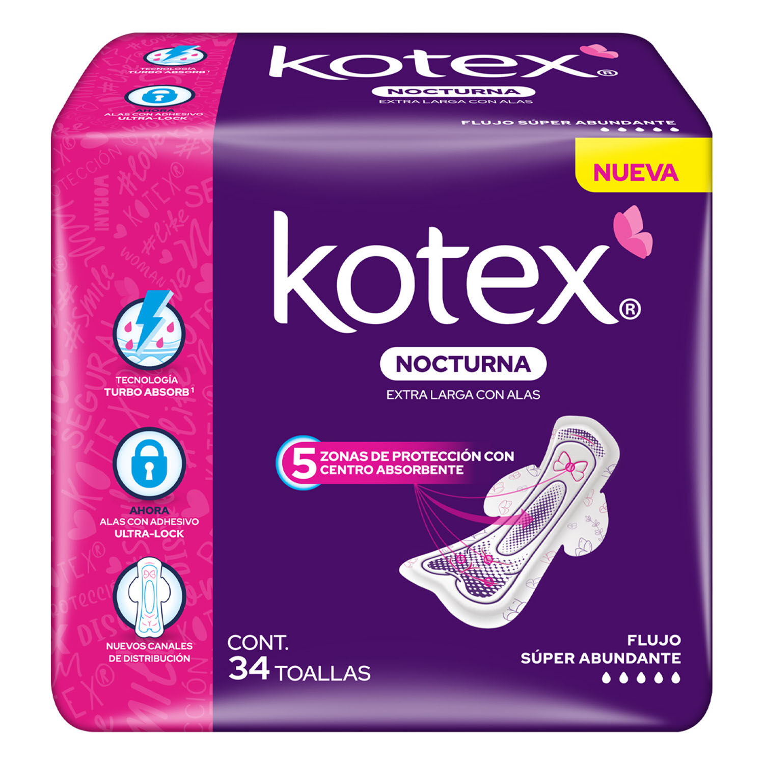 Toalla Femenina Rosa Nocturna Kotex 34 Pza