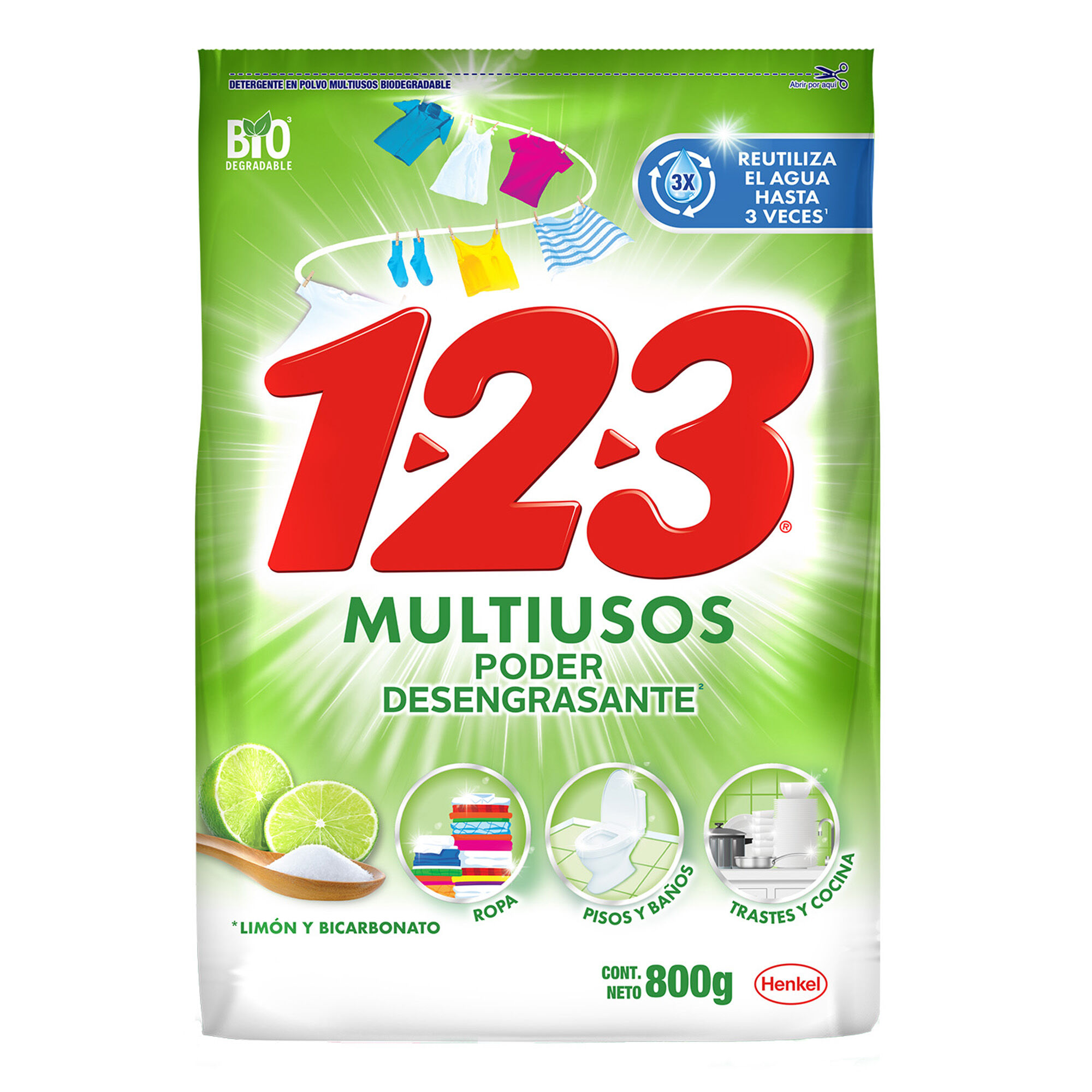 Detergente En Polvo Poder Desengrasante 800g 123 800.0