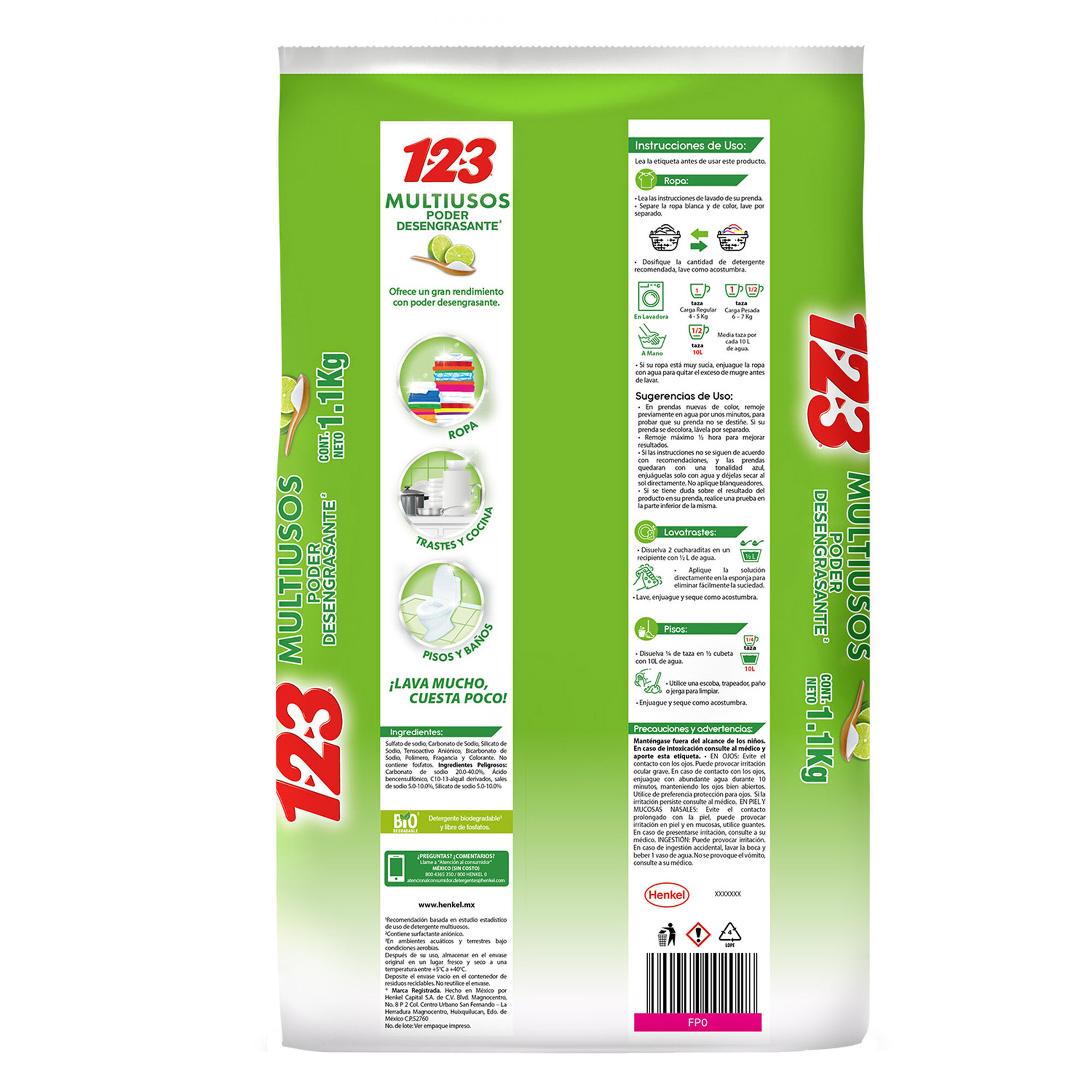Detergente En Polvo Poder Desengrasante 800g 123 800.0