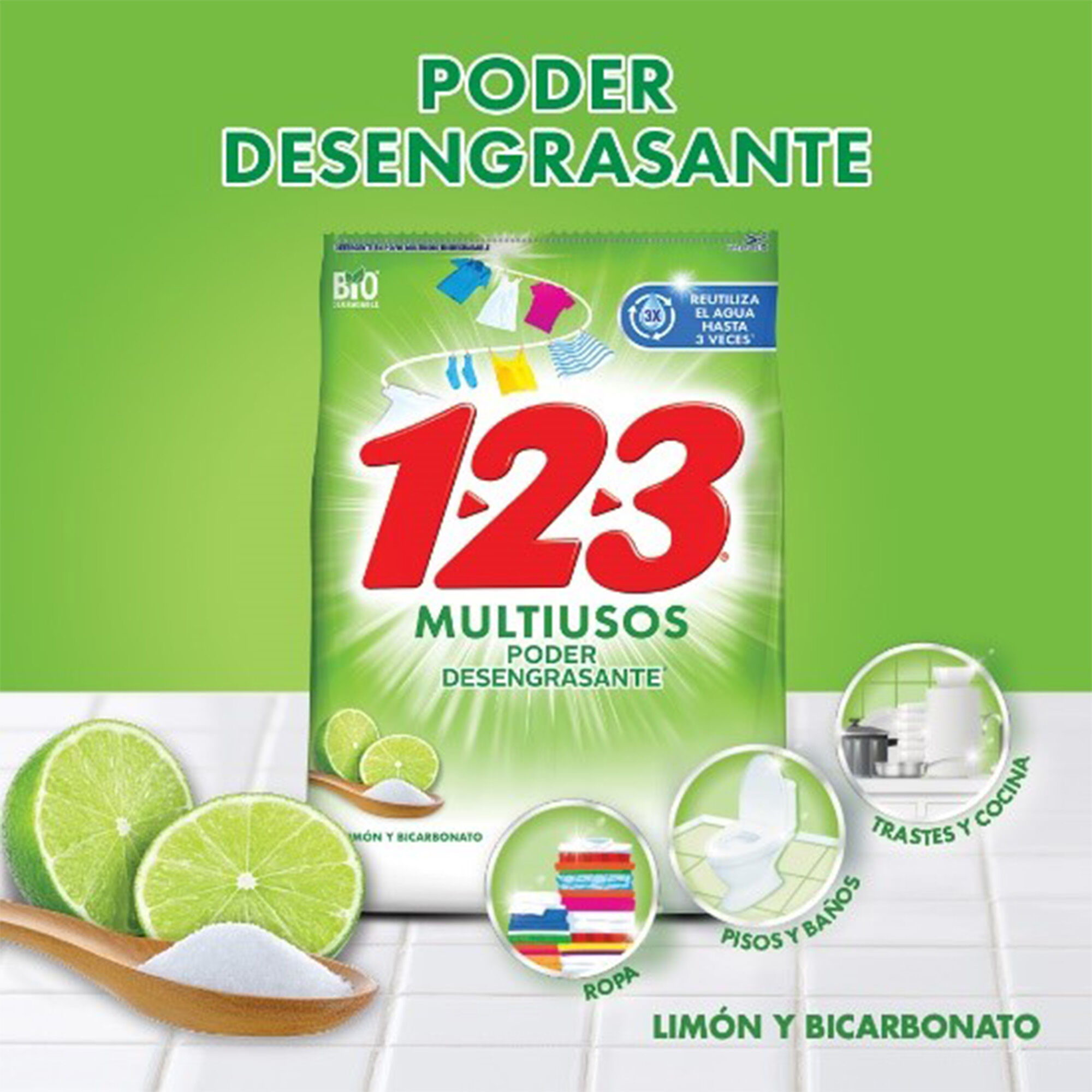 Detergente En Polvo Poder Desengrasante 800g 123 800.0