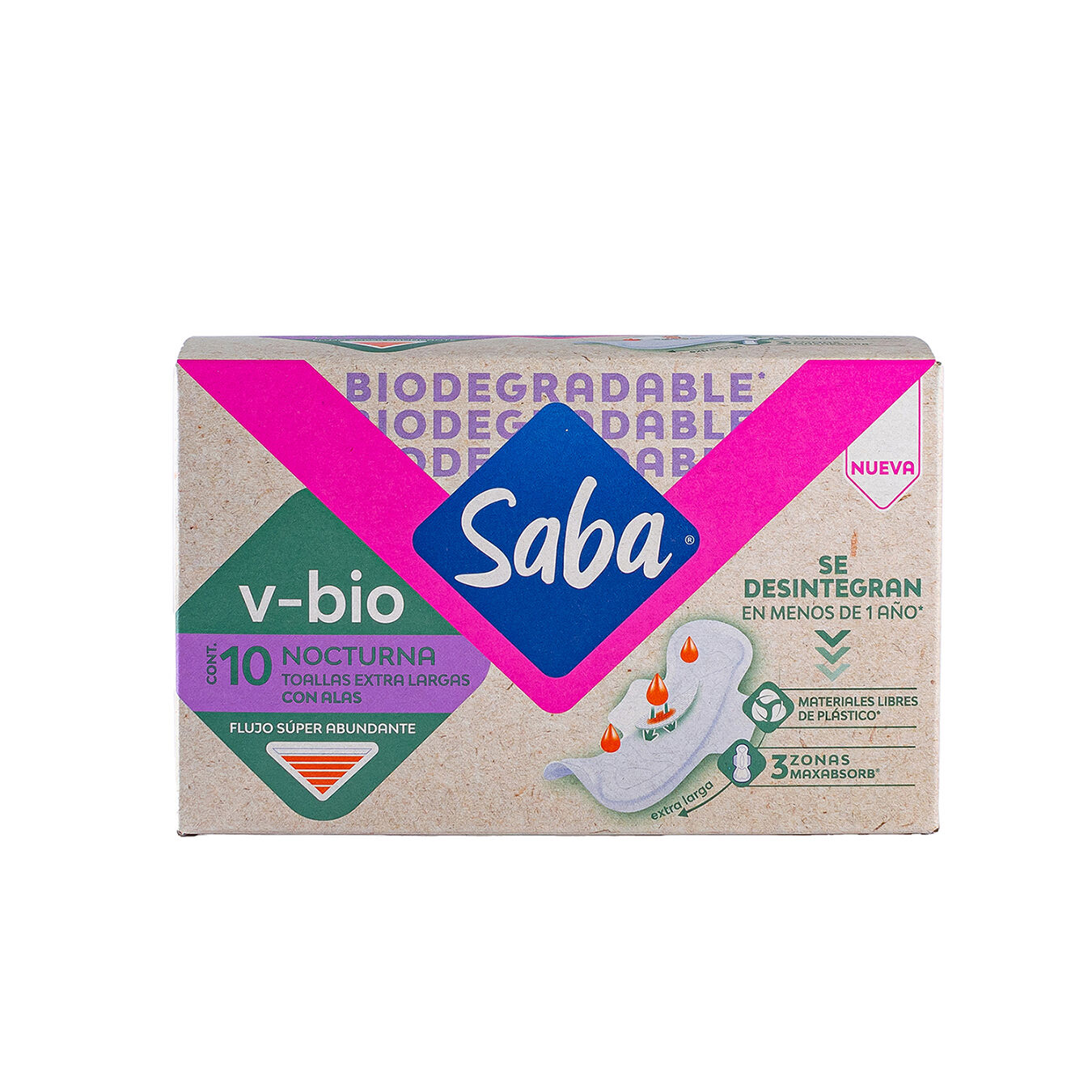 Toalla Femenina V Bio Nocturna Saba 10.0 Pza