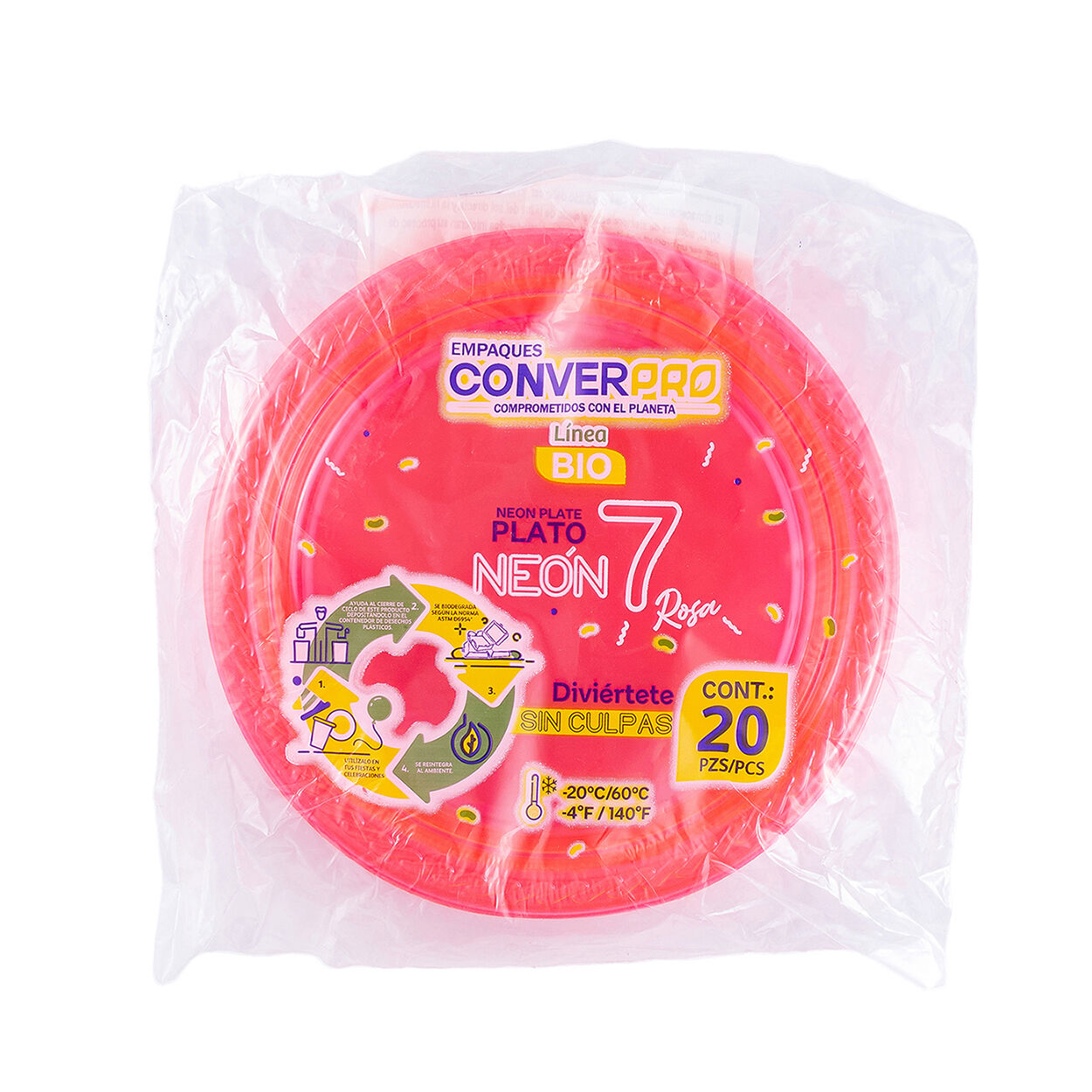Plato Plastico Ps 7 Rosa Neon Bio Converpro 20.0 Pza