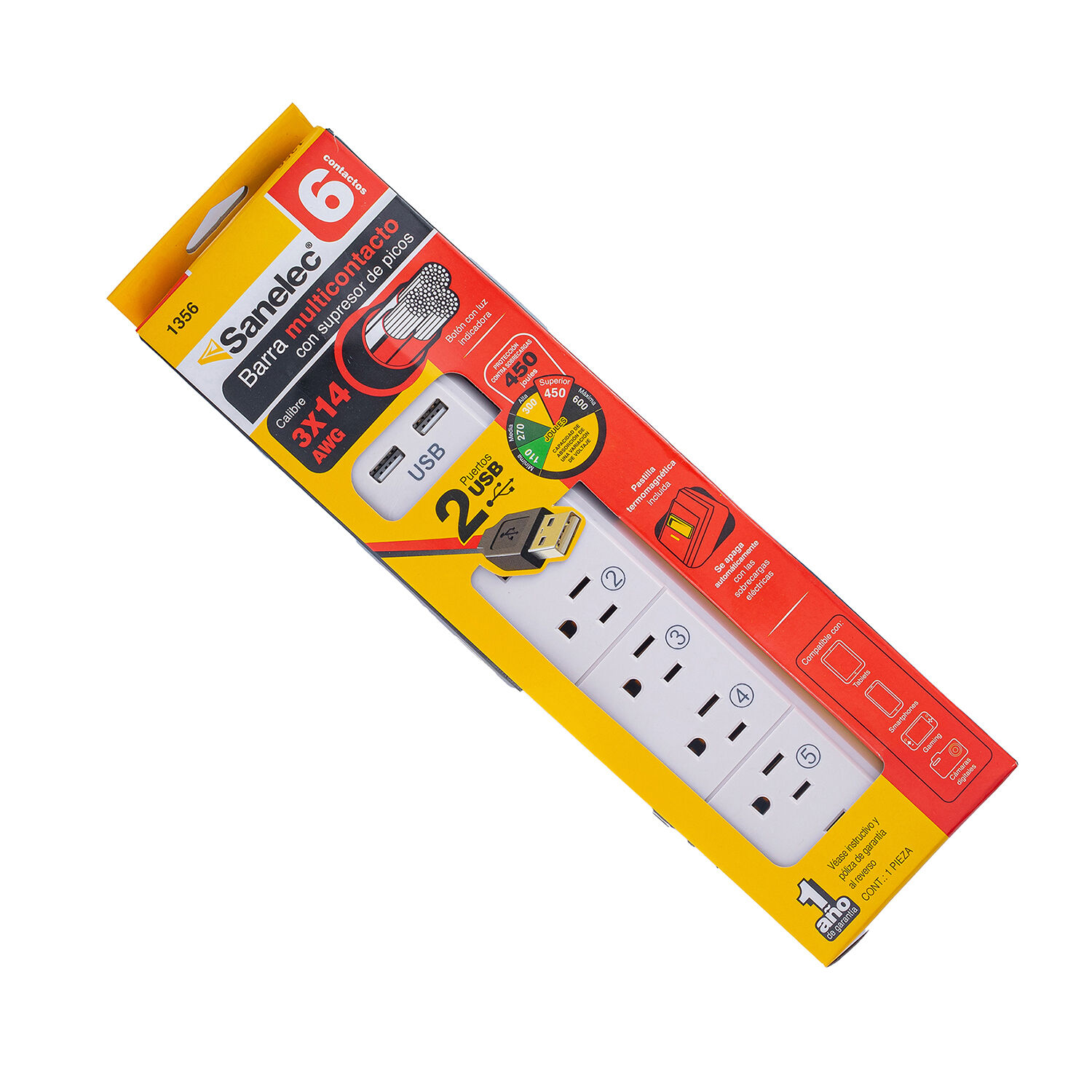 Extension Multicontacto Barra 6contactos Sanelec 1.0 Pz