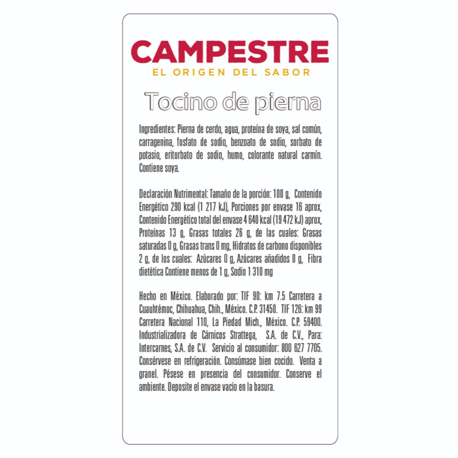 Tocino De Pierna Campestre 1.0 Kg
