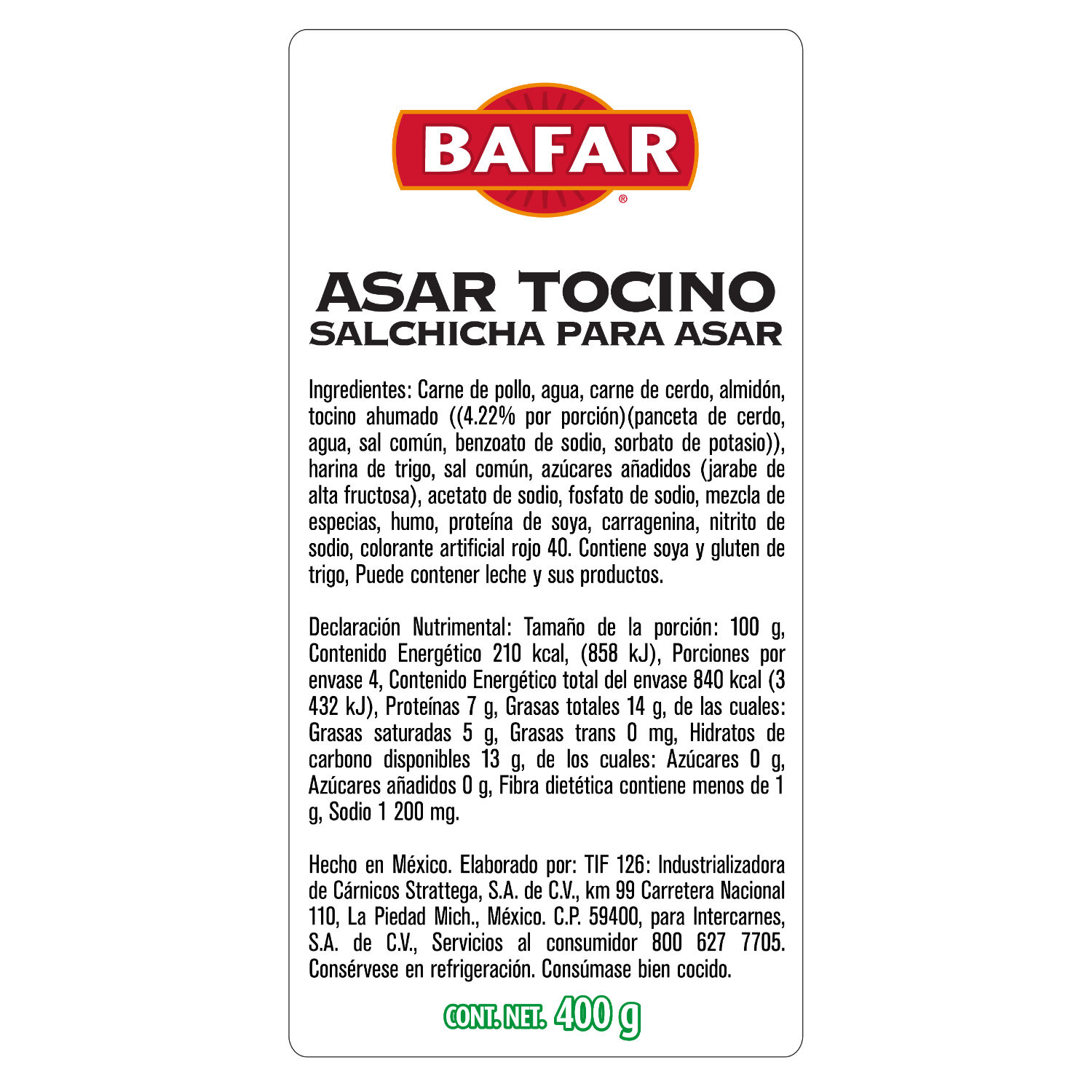 Salchicha Asar Con Tocino Bafar 400.0 Gr