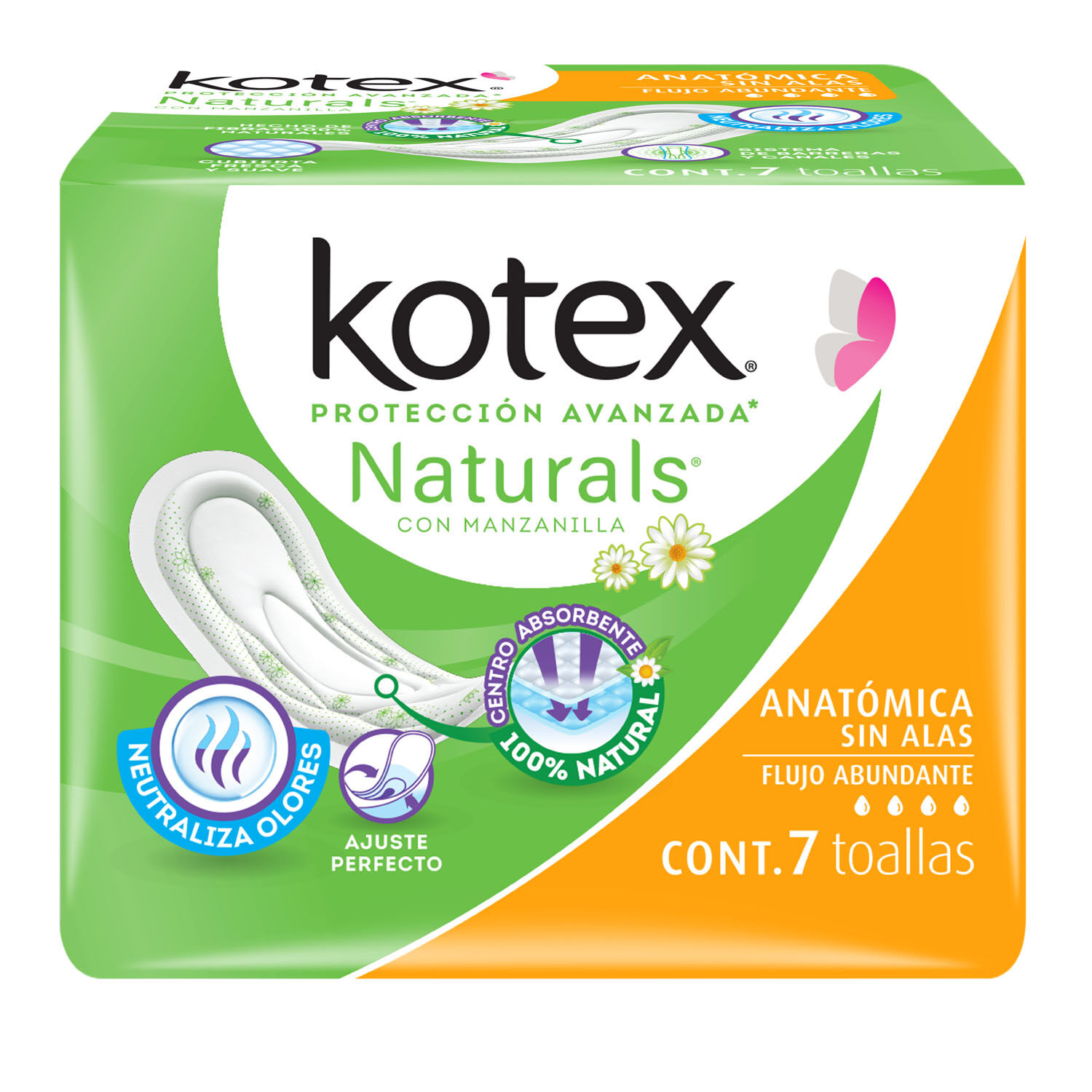 Toalla Femenina Sin Alas Anatomica Manzanilla Kotex 7.0