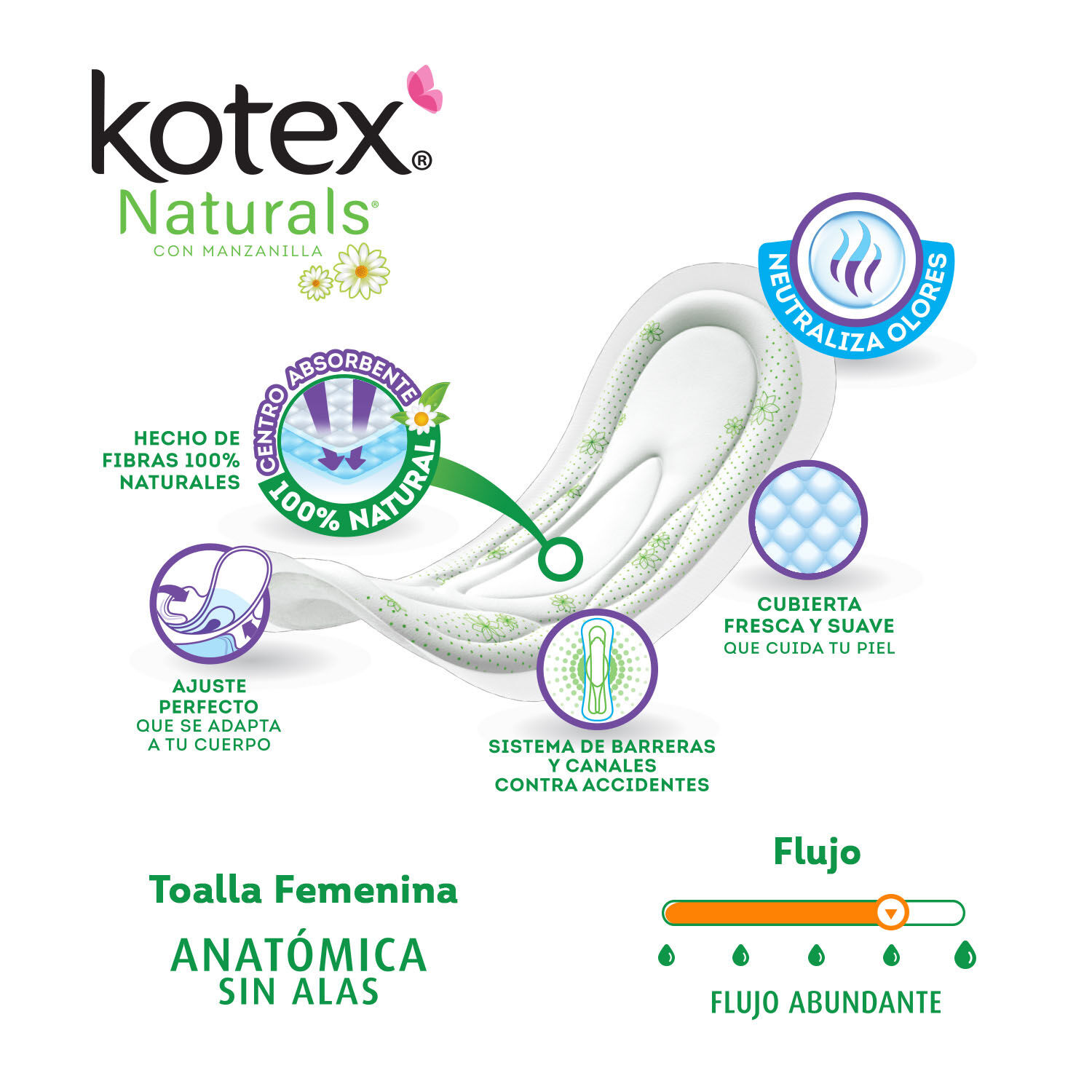 Toalla Femenina Sin Alas Anatomica Manzanilla Kotex 7.0