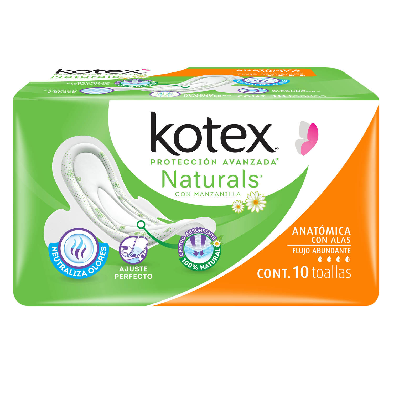 Toalla Femenina Con Alas Anatomica Manzanilla Kotex 10.0