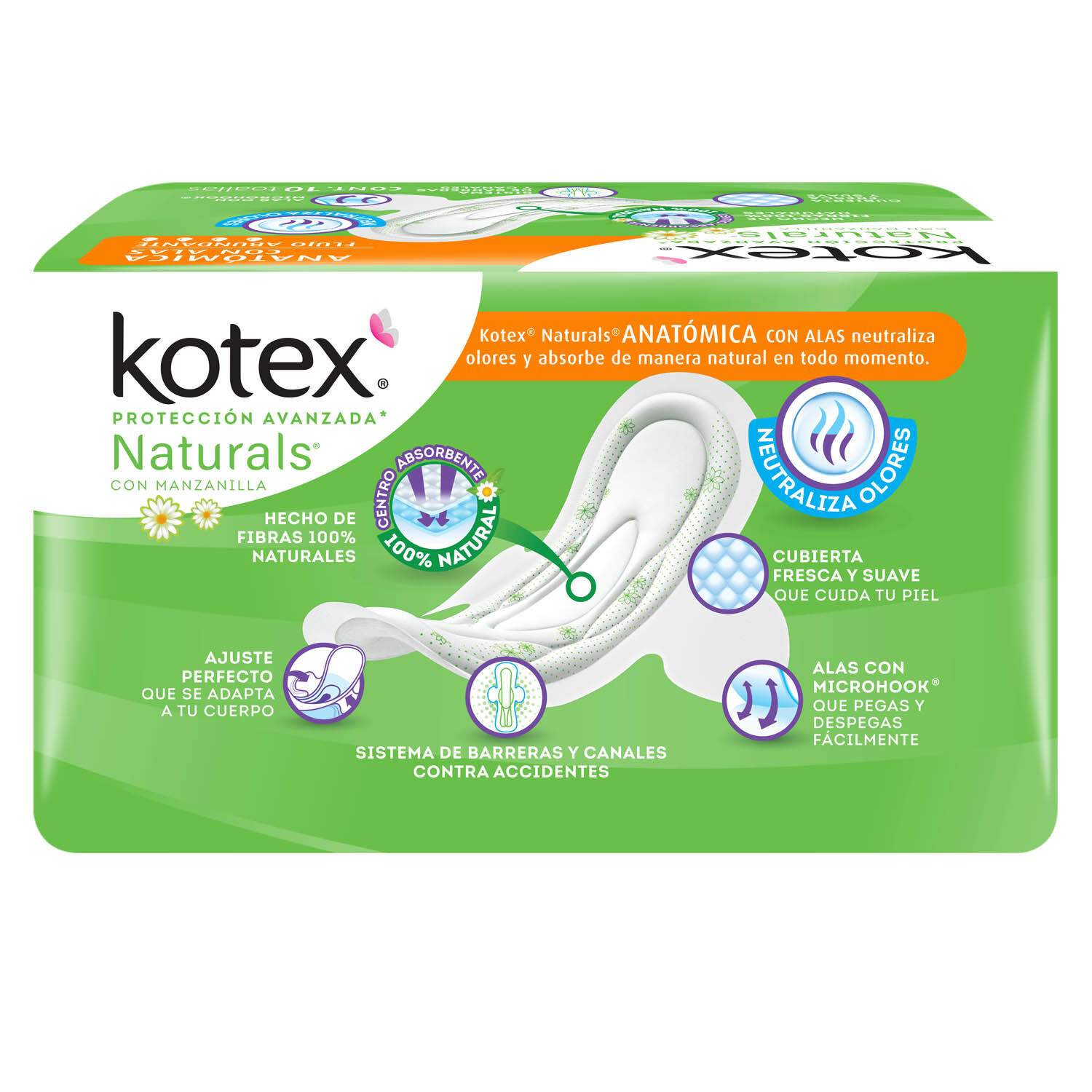 Toalla Femenina Con Alas Anatomica Manzanilla Kotex 10.0