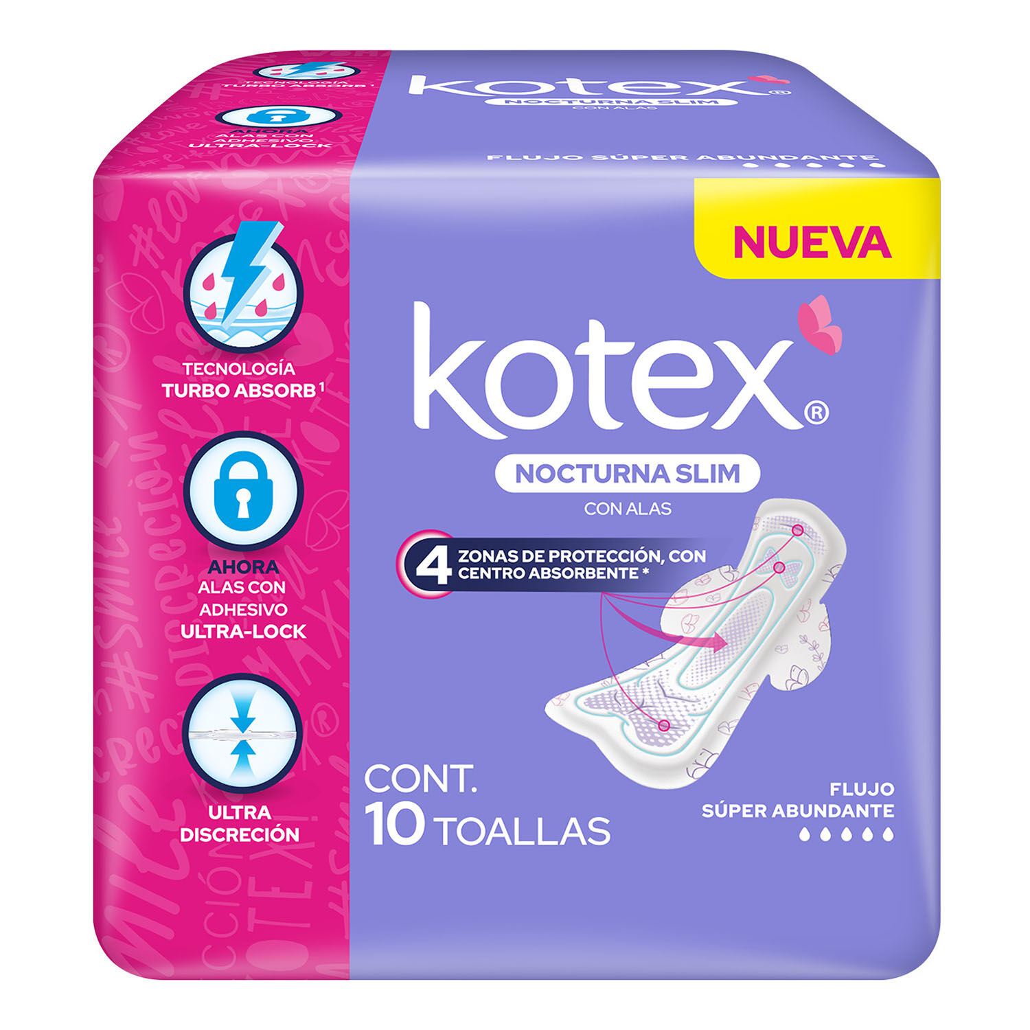 Toalla Femenina Con Alas Nocturna Ultradelgada Kotex 10.0