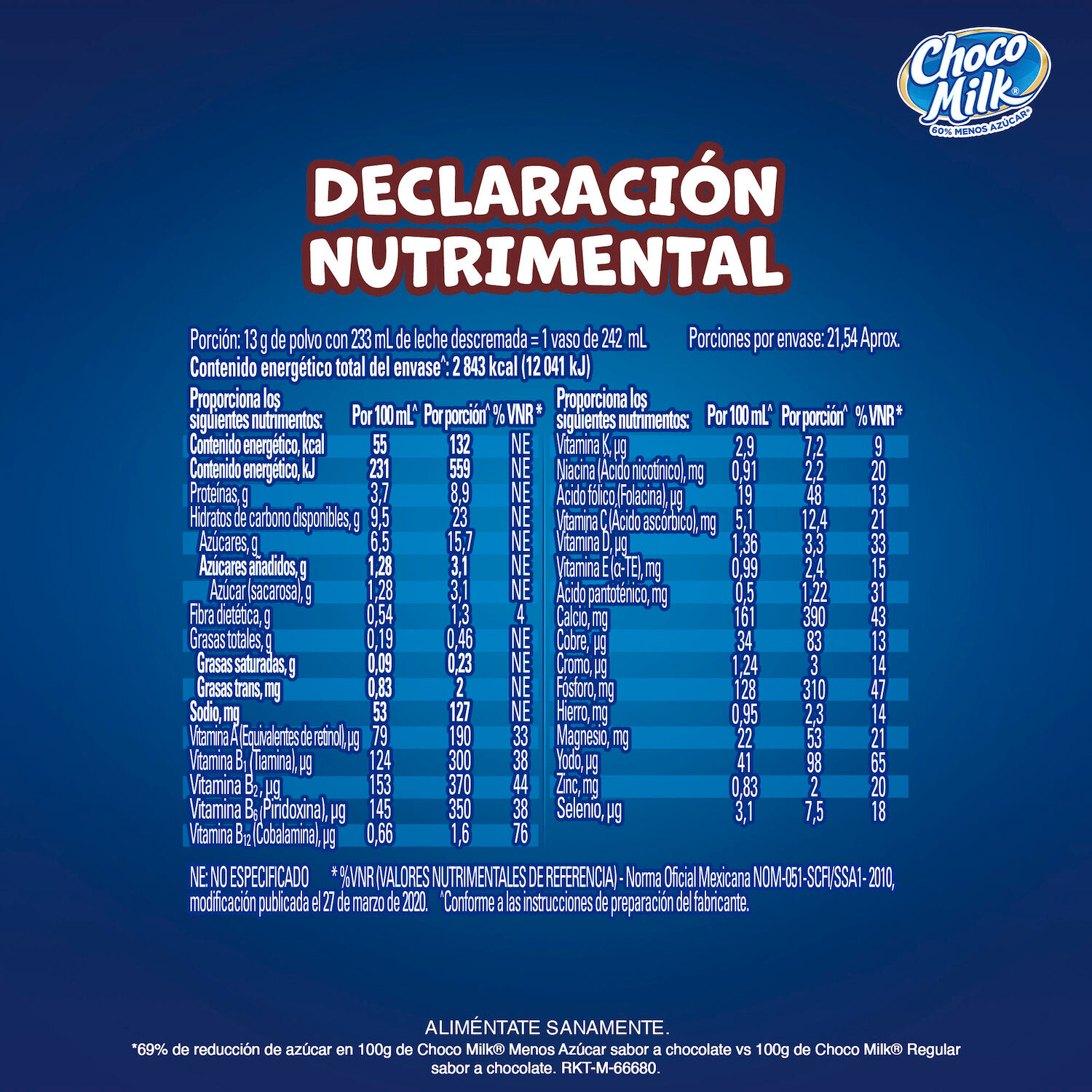 Chocolate Polvo 50 % Menos Azucar Chocomilk 280.0 Gr