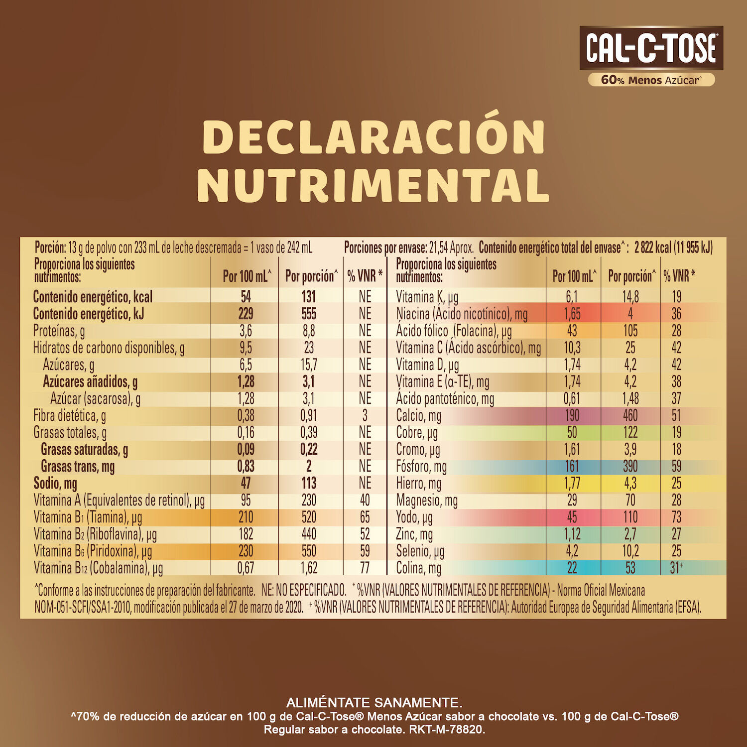 Chocolate Polvo 50% Menos Azucar Cal C Tose 280.0 Gr