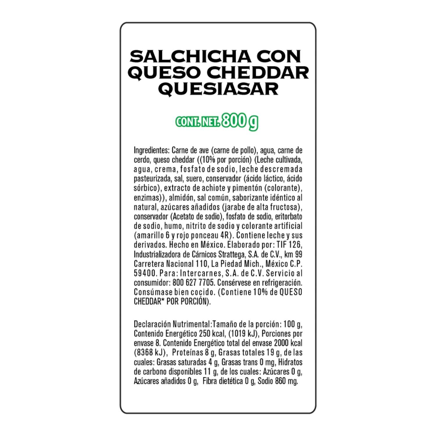 Salchicha Asar Con Queso Cheddar 800 G