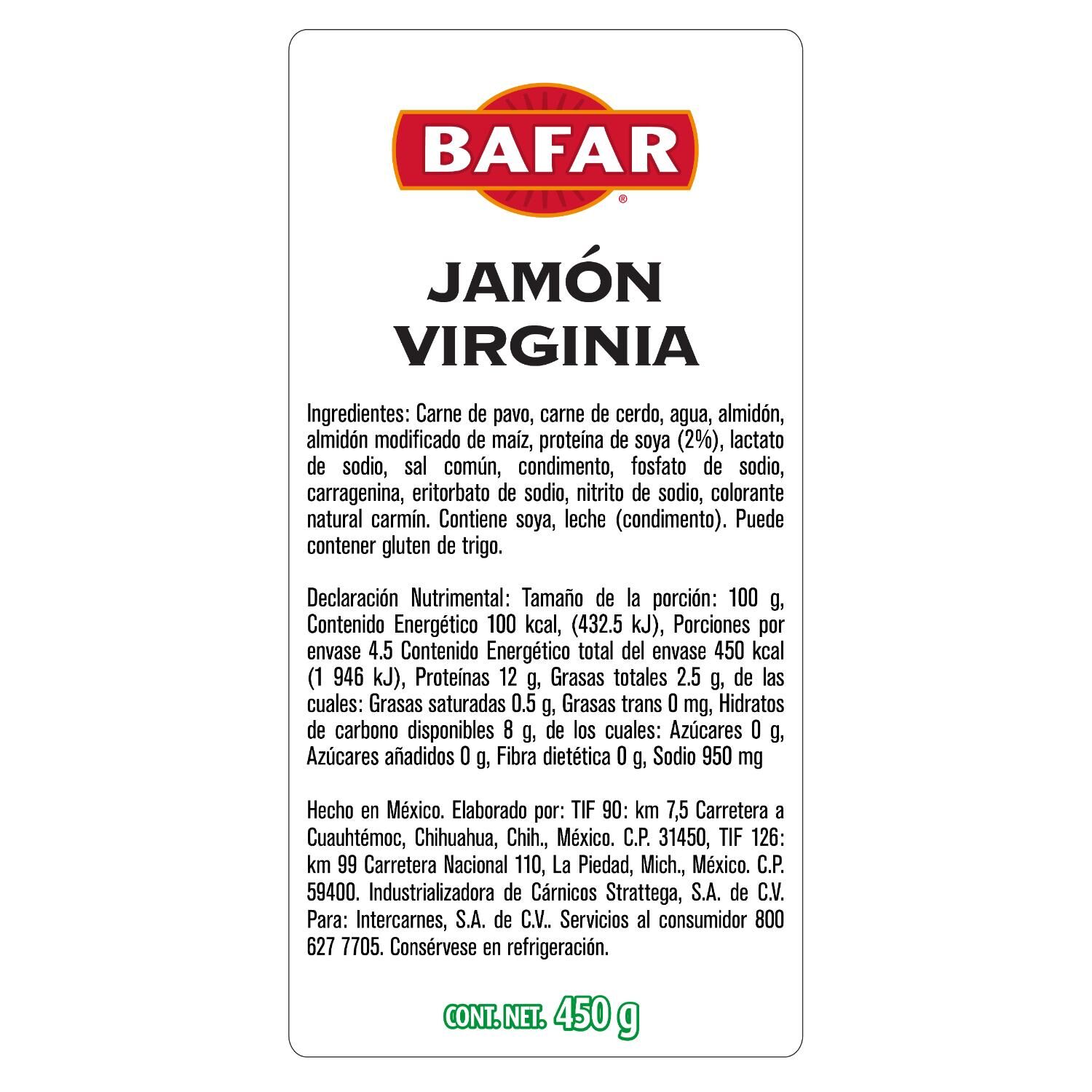 Jamón Virginia Bafar 450 G