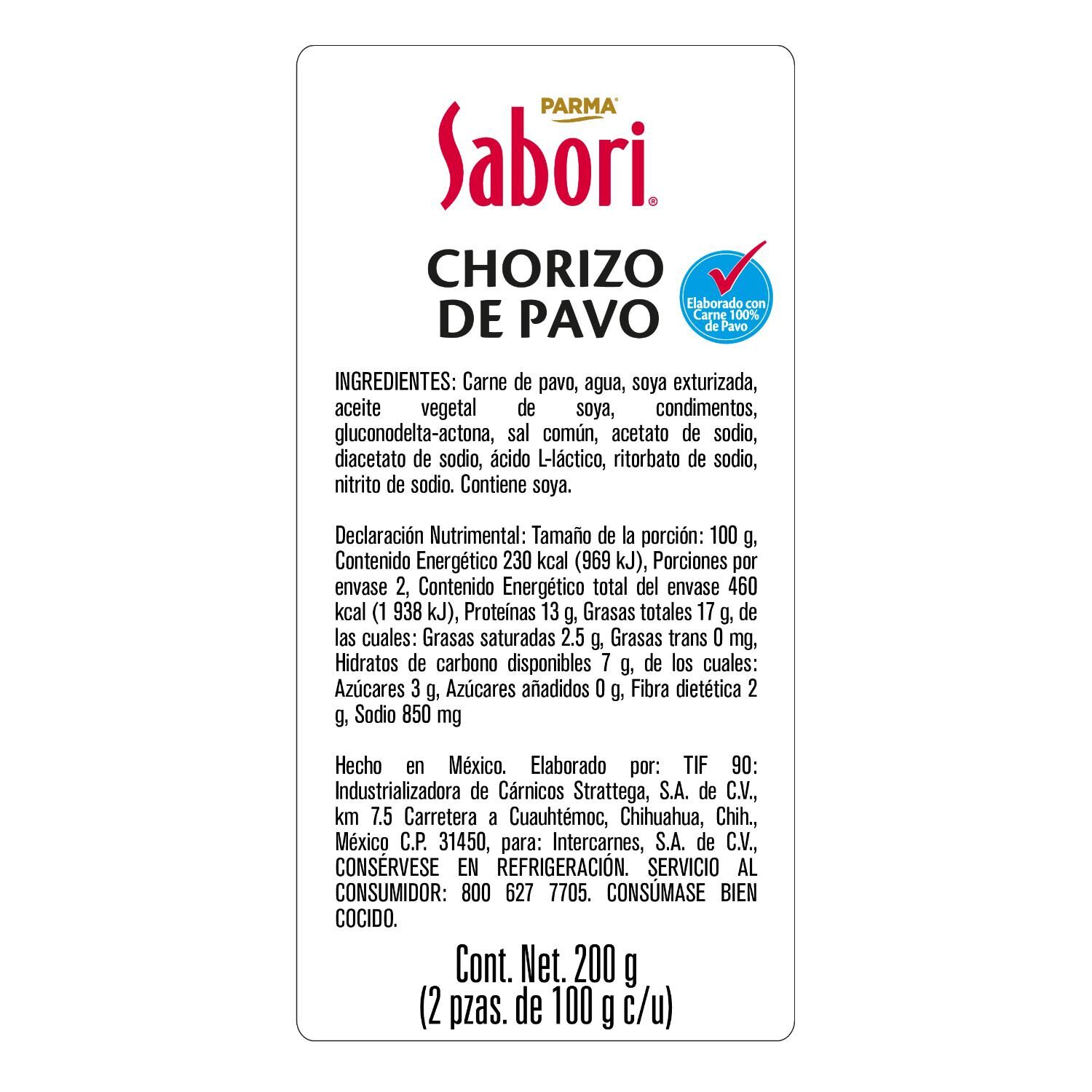 Chorizo De Pavo Sabori 200.0 Gr