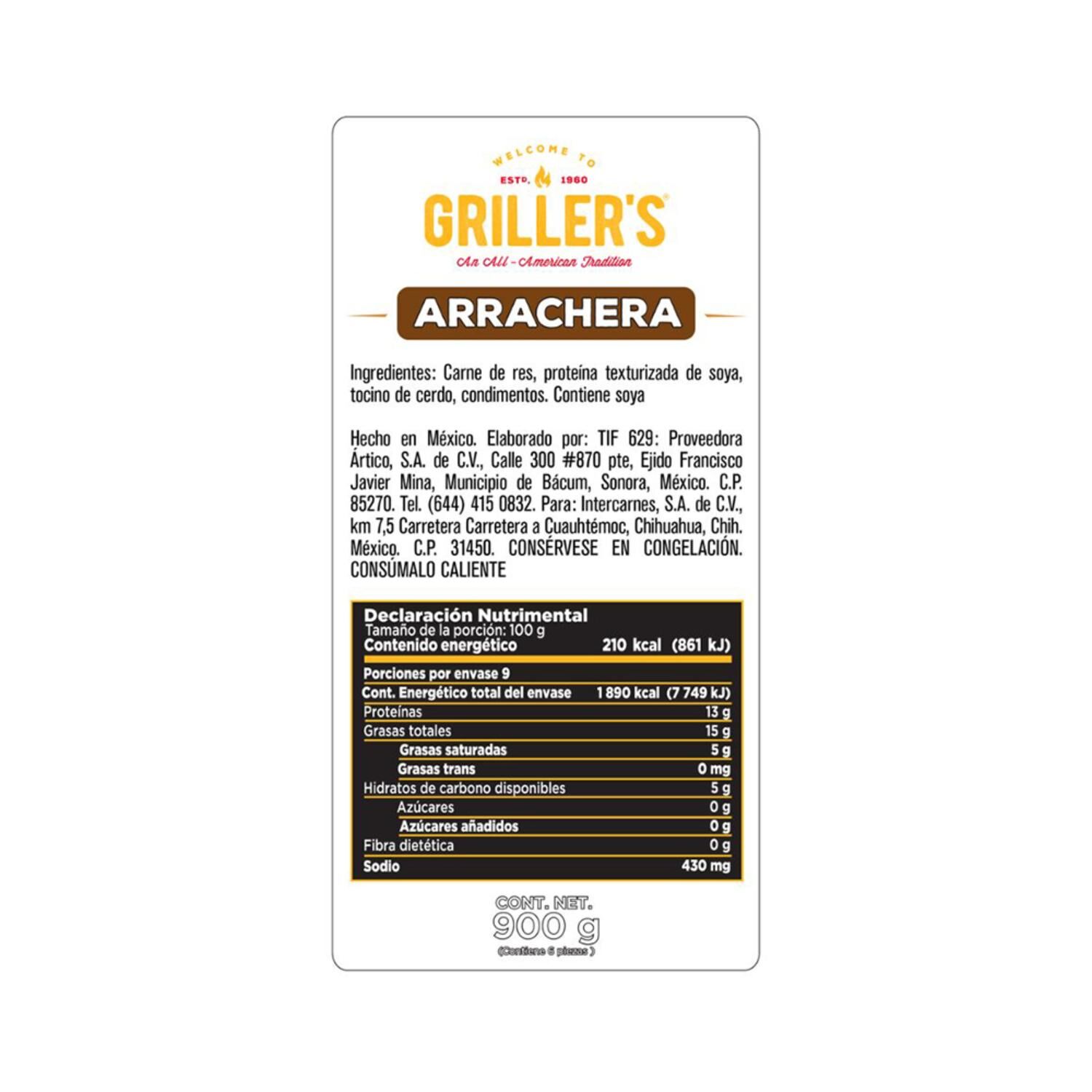 Hamburguesa Grillers Arrachera C/6 Pz 900 G