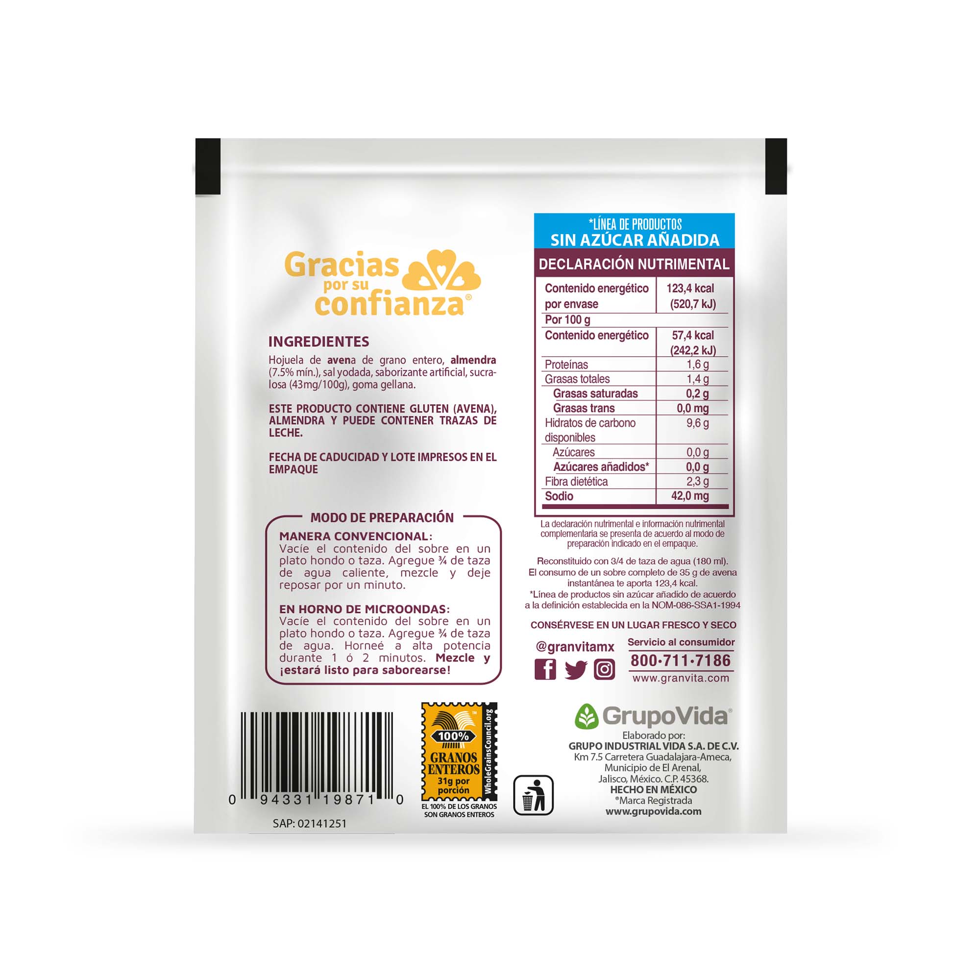 Avena Instantanea Vainilla Almendra 0% Azucar Granvita 35