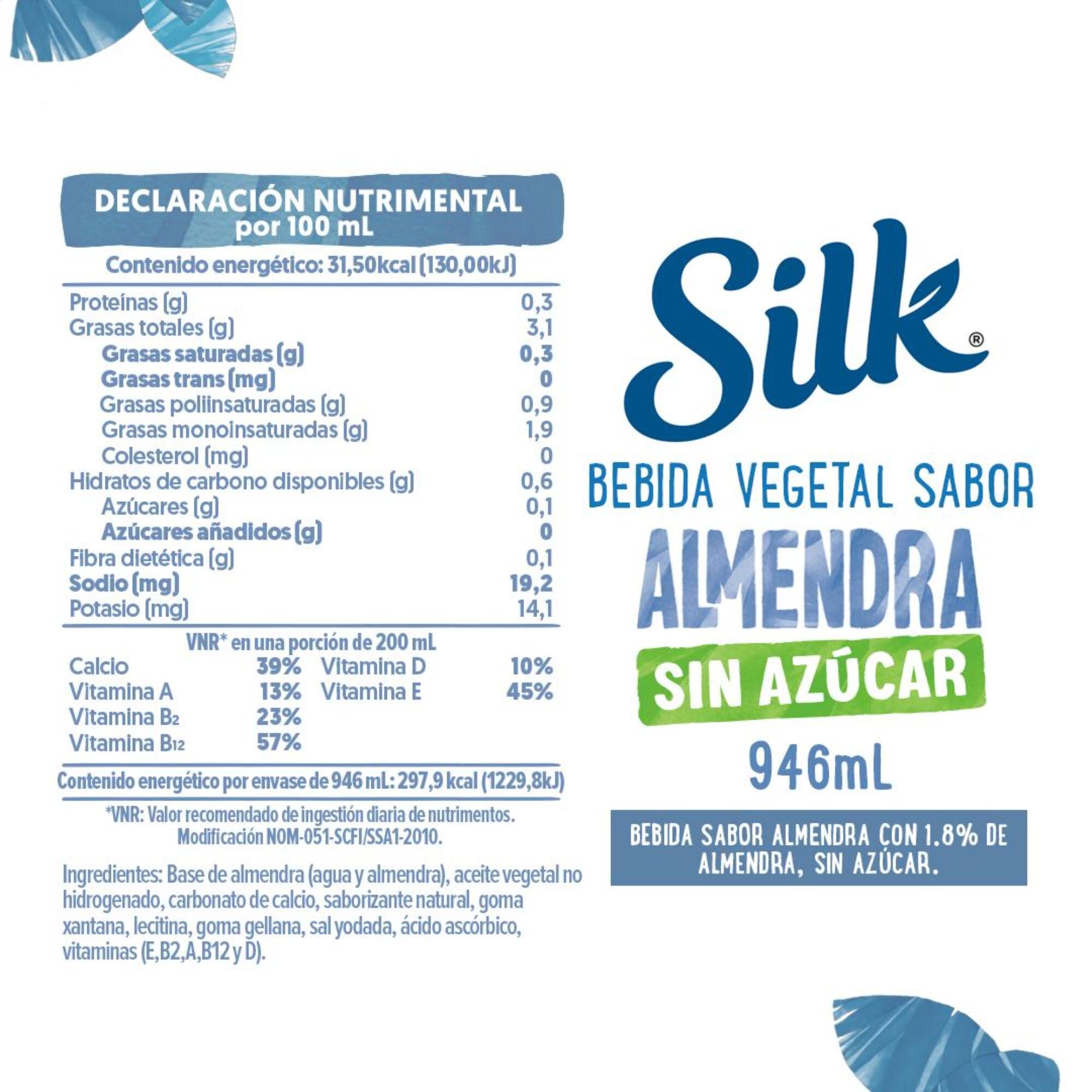 Silk Bebida Vegetal Sabor Almendra Sin Azúcar 946ml
