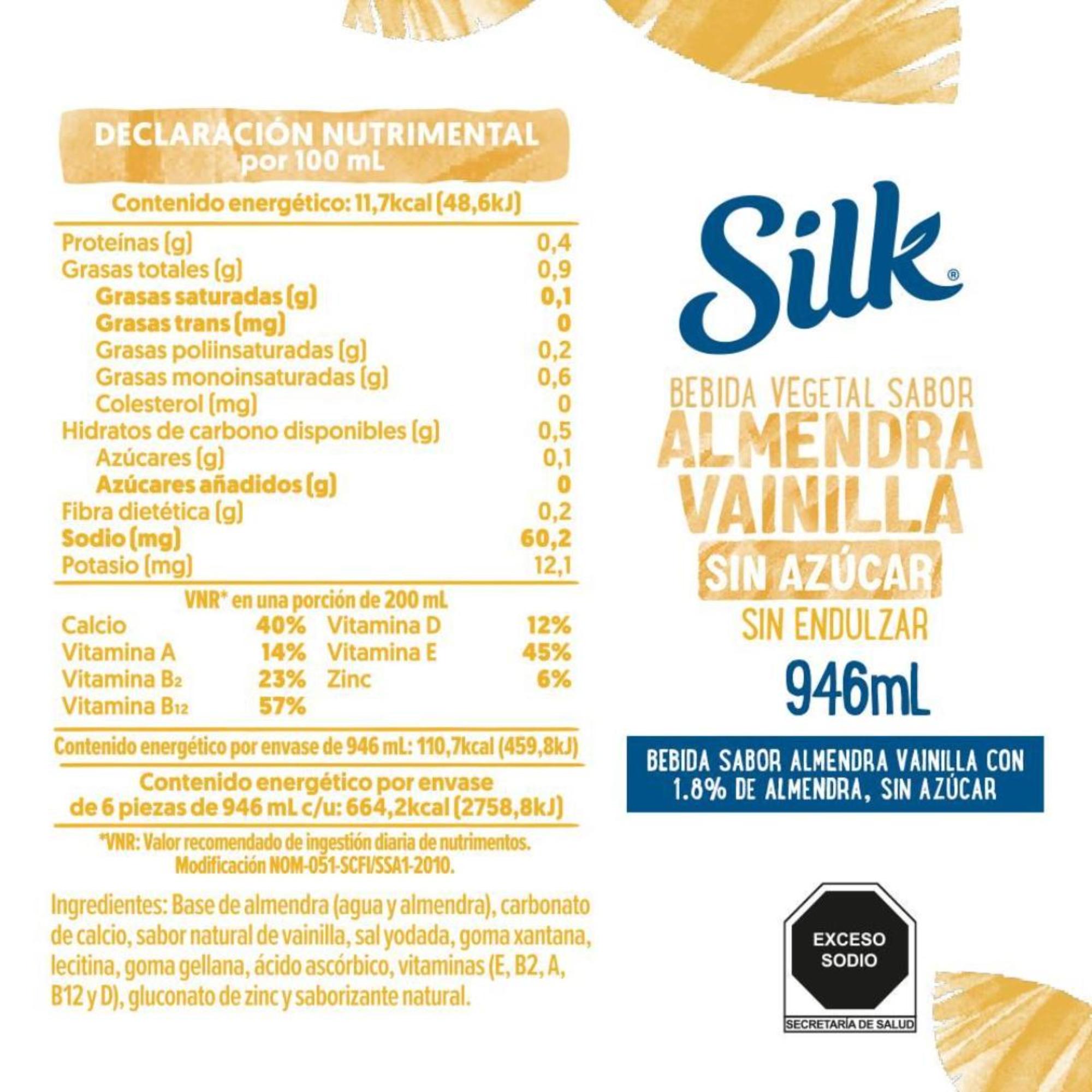 Silk Bebida Vegetal Sabor Almendra Vainilla Sin Azúcar 946ml