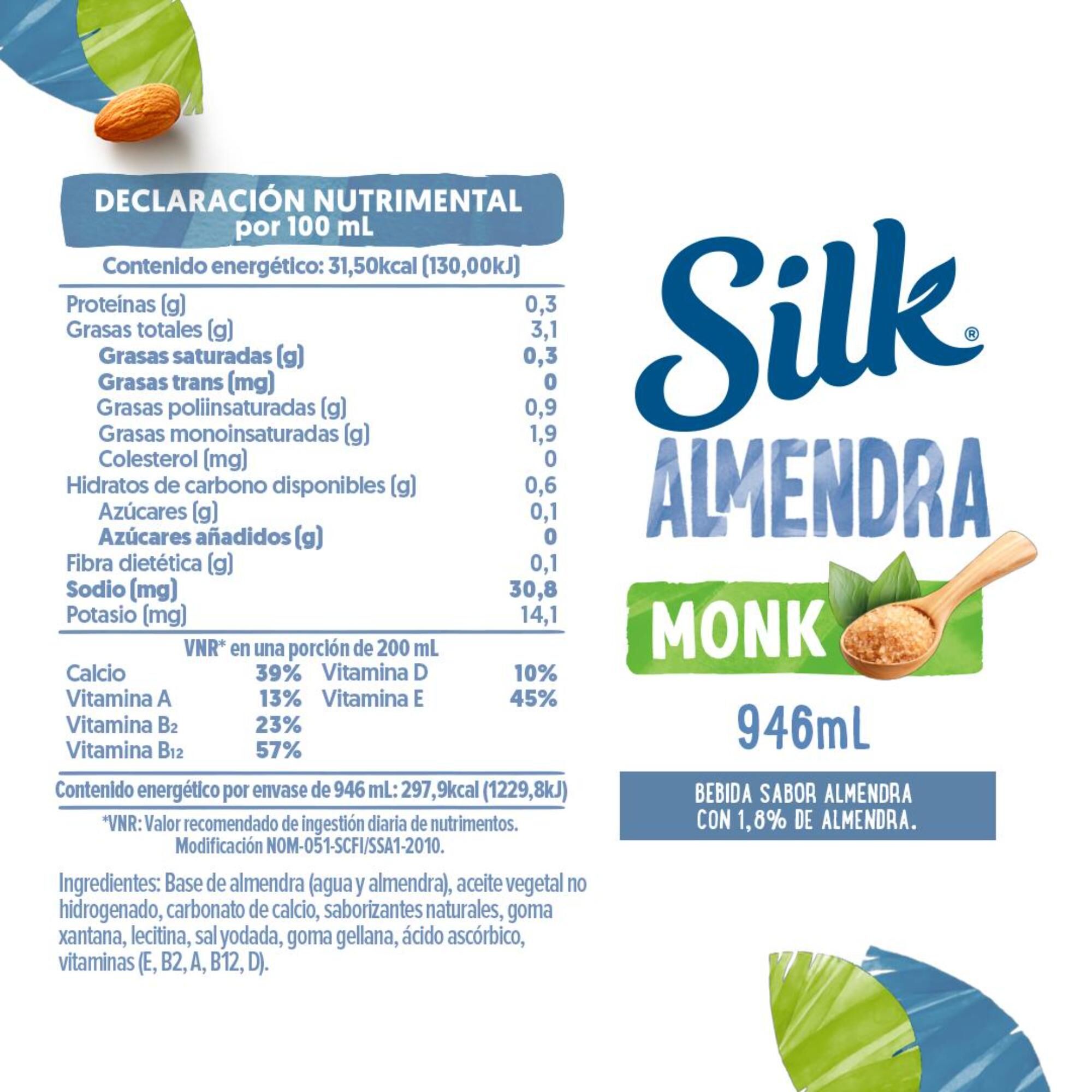 Silk Bebida Vegetal Sabor Almendra Sin Azúcar Endulzado Con Monk Fruit 946 Ml